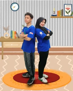 gambar dua orang perempuan dan laki-laki berdiri menggunakan baju biru dari LPK YCIA Jogja